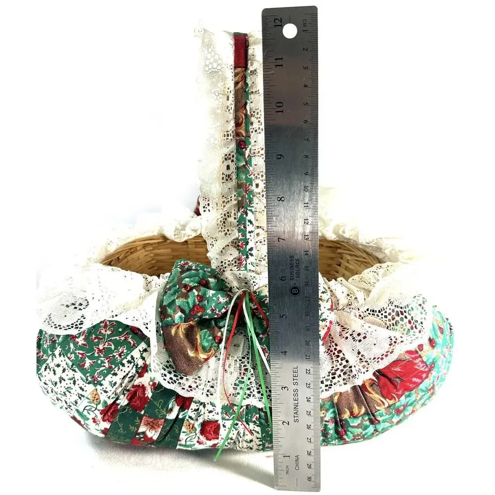 Vintage Handmade Quilted Christmas Basket Cotton & Lace 8x12x12”